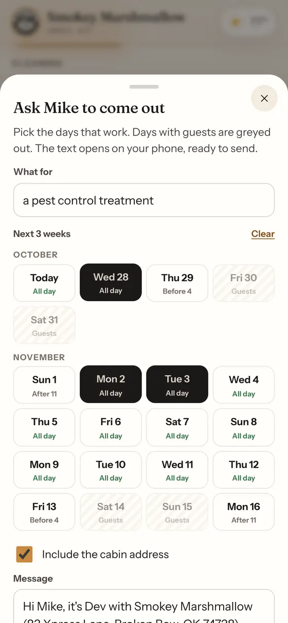 Ask for a day: the rental's empty days are filled into a text to a vendor