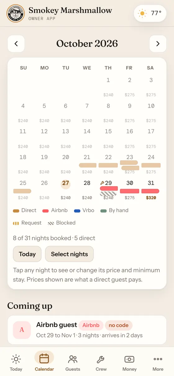 Owner app calendar with nightly prices and every booking source
