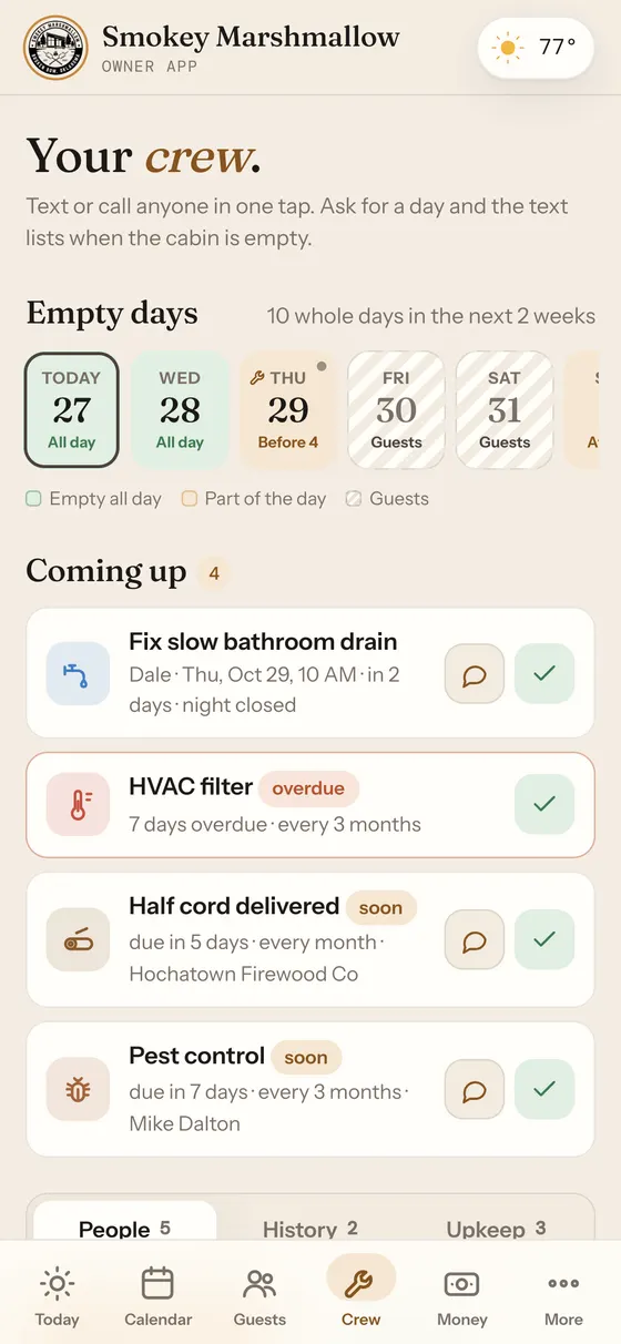 Crew tab listing cleaners, pest control and other vendors with one-tap text and call
