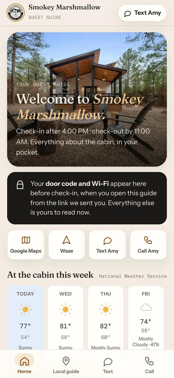 Guest guide home screen with directions, weather and host contacts