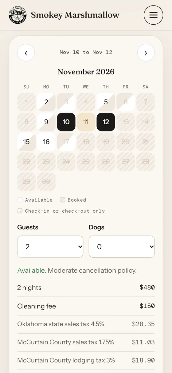 Booking calendar with a full price quote, taxes included